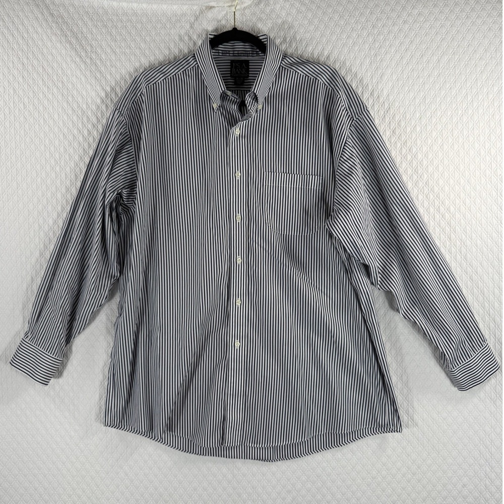 Jos. A. Bank Mens L/16.5-33  Travelers Collection Navy Striped Cotton Shirt